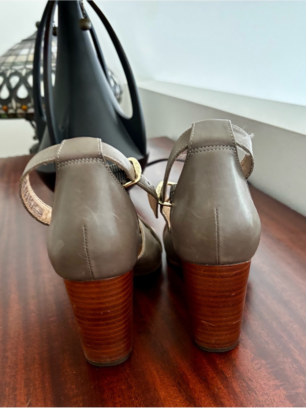 Clarks Olive Brown Leather Block Heel Sandals with Ankle Strap - Picture 3 of 4